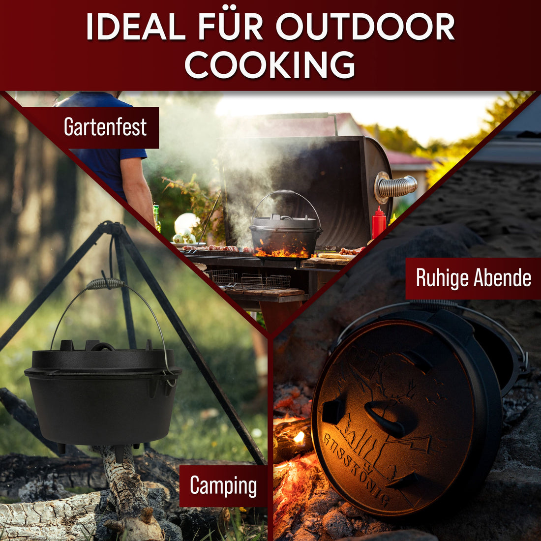 GUSSKÖNIG Dutch Oven Set - Eingebrannter Feuertopf mit innovativem 2in1 Deckelheber, Reinigungsbürste und Rezeptbuch