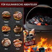GUSSKÖNIG Dutch Oven Set - Eingebrannter Feuertopf mit innovativem 2in1 Deckelheber, Reinigungsbürste und Rezeptbuch
