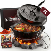 GUSSKÖNIG Dutch Oven Set - Eingebrannter Feuertopf mit innovativem 2in1 Deckelheber, Reinigungsbürste und Rezeptbuch