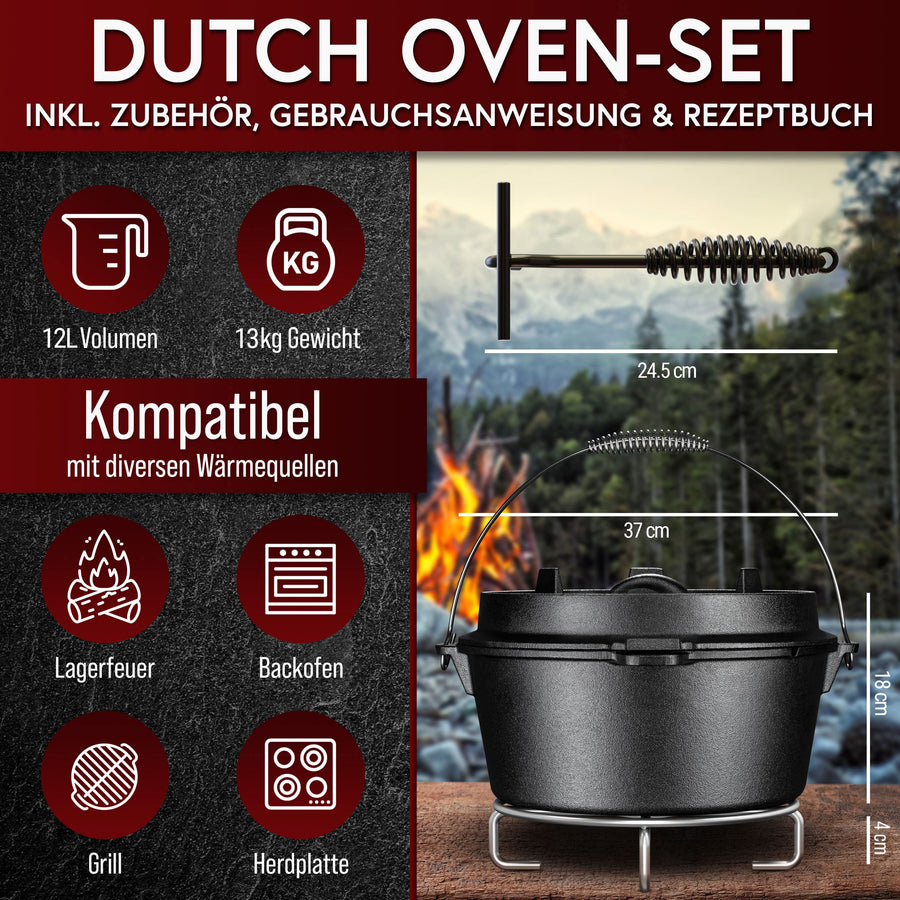 GUSSKÖNIG Dutch Oven Set - Eingebrannter Feuertopf mit innovativem 2in1 Deckelheber, Reinigungsbürste und Rezeptbuch