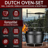 GUSSKÖNIG Dutch Oven Set - Eingebrannter Feuertopf mit innovativem 2in1 Deckelheber, Reinigungsbürste und Rezeptbuch