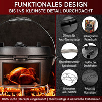 GUSSKÖNIG Dutch Oven Set - Eingebrannter Feuertopf mit innovativem 2in1 Deckelheber, Reinigungsbürste und Rezeptbuch