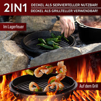 GUSSKÖNIG Dutch Oven Set - Eingebrannter Feuertopf mit innovativem 2in1 Deckelheber, Reinigungsbürste und Rezeptbuch