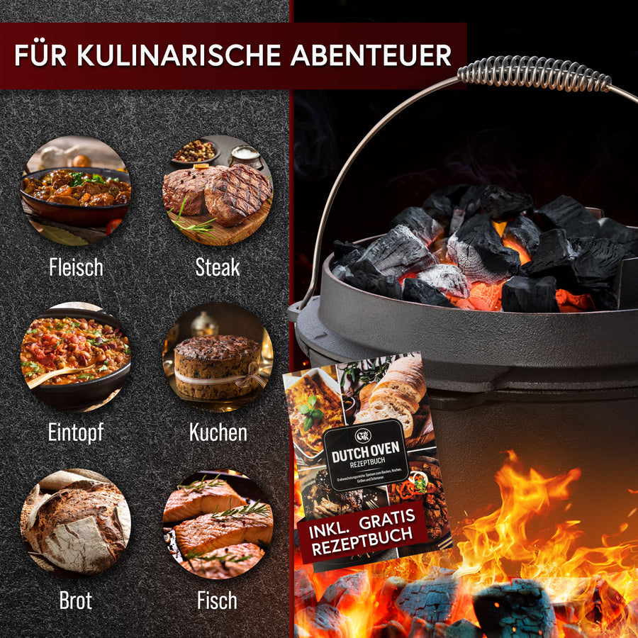 GUSSKÖNIG Dutch Oven Set - Eingebrannter Feuertopf mit innovativem 2in1 Deckelheber, Reinigungsbürste und Rezeptbuch