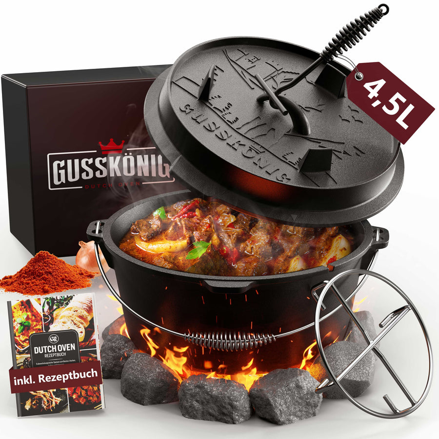 GUSSKÖNIG Dutch Oven Set - Eingebrannter Feuertopf mit innovativem 2in1 Deckelheber, Reinigungsbürste und Rezeptbuch